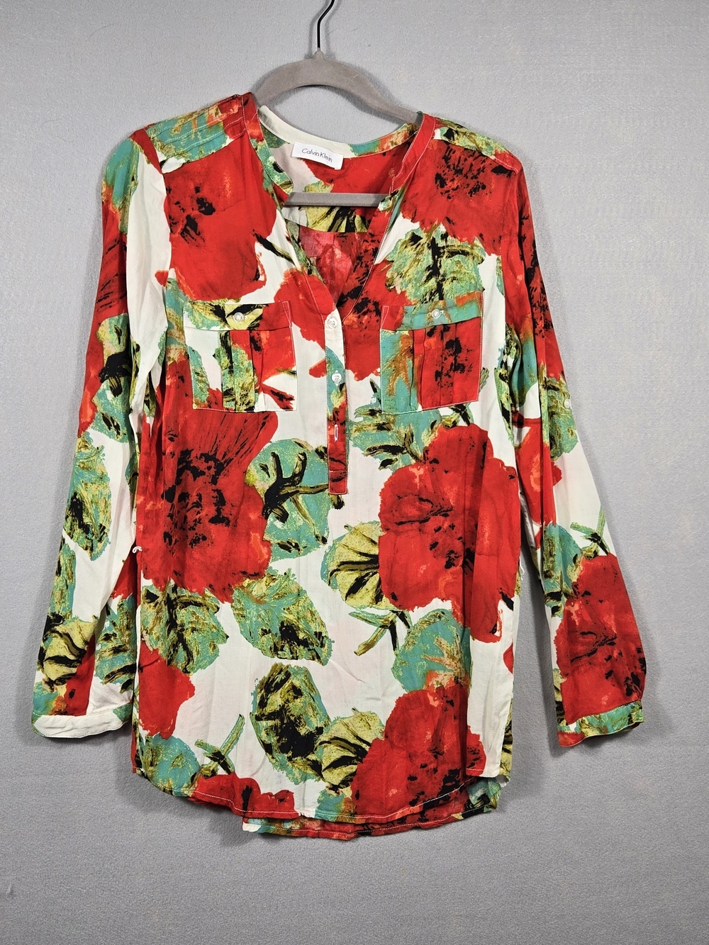 Calvin Klein Floral Tunic Blouse Roll-Tab Sleeves M